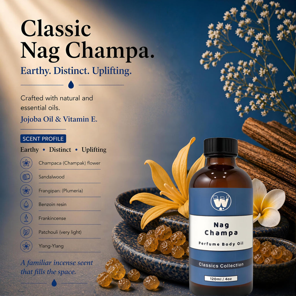 WagsMarket - Nag Champa Perfume Oil, from 0.33oz Roll On to 4oz Glass Bottle (4oz Glass Bottle)