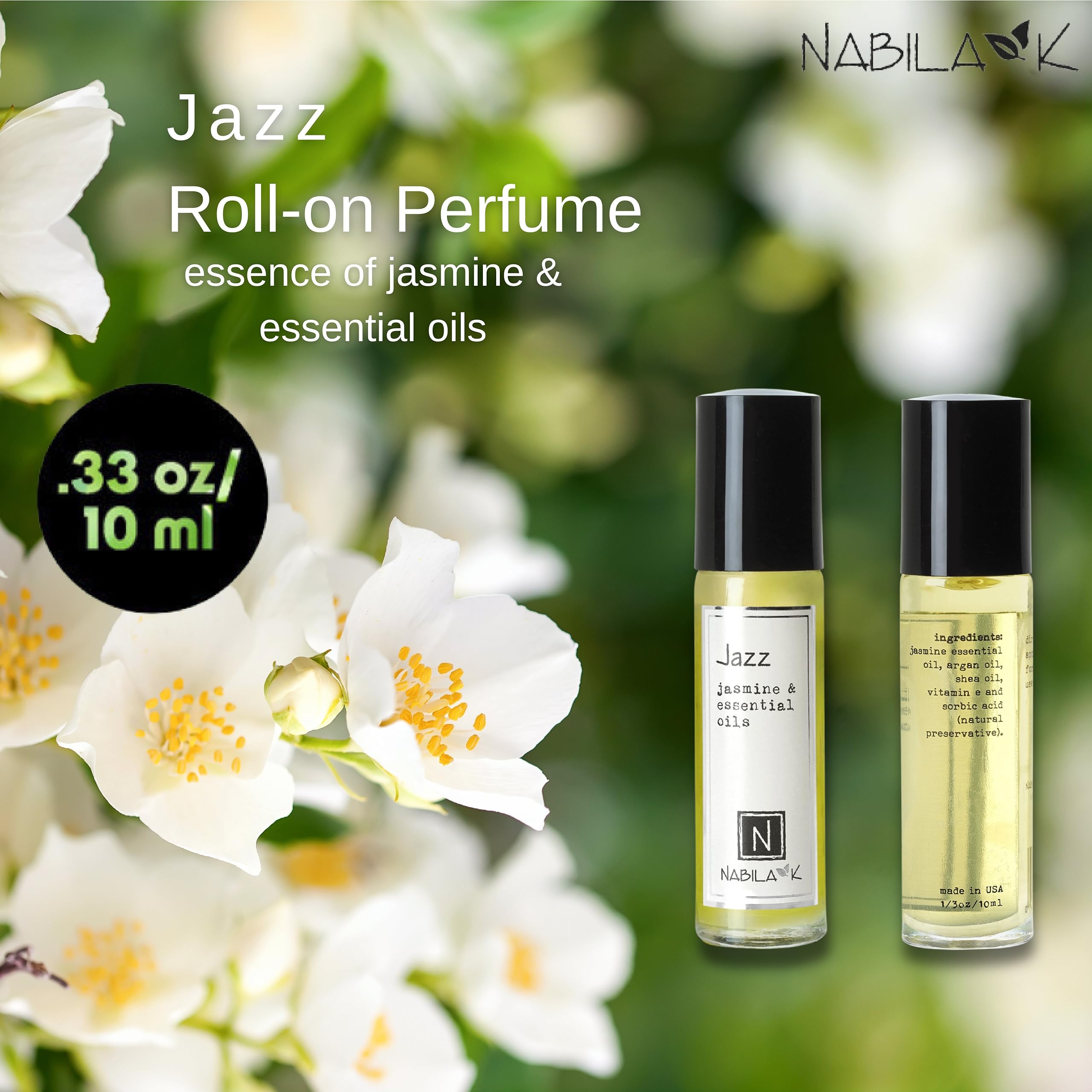 Nabila K Jazz Jasmine Roll-On Perfume Oil for Women | Alcohol-Free, Organic, Long-Lasting Fragrance | Travel Size, TSA Approved | 0.33 oz