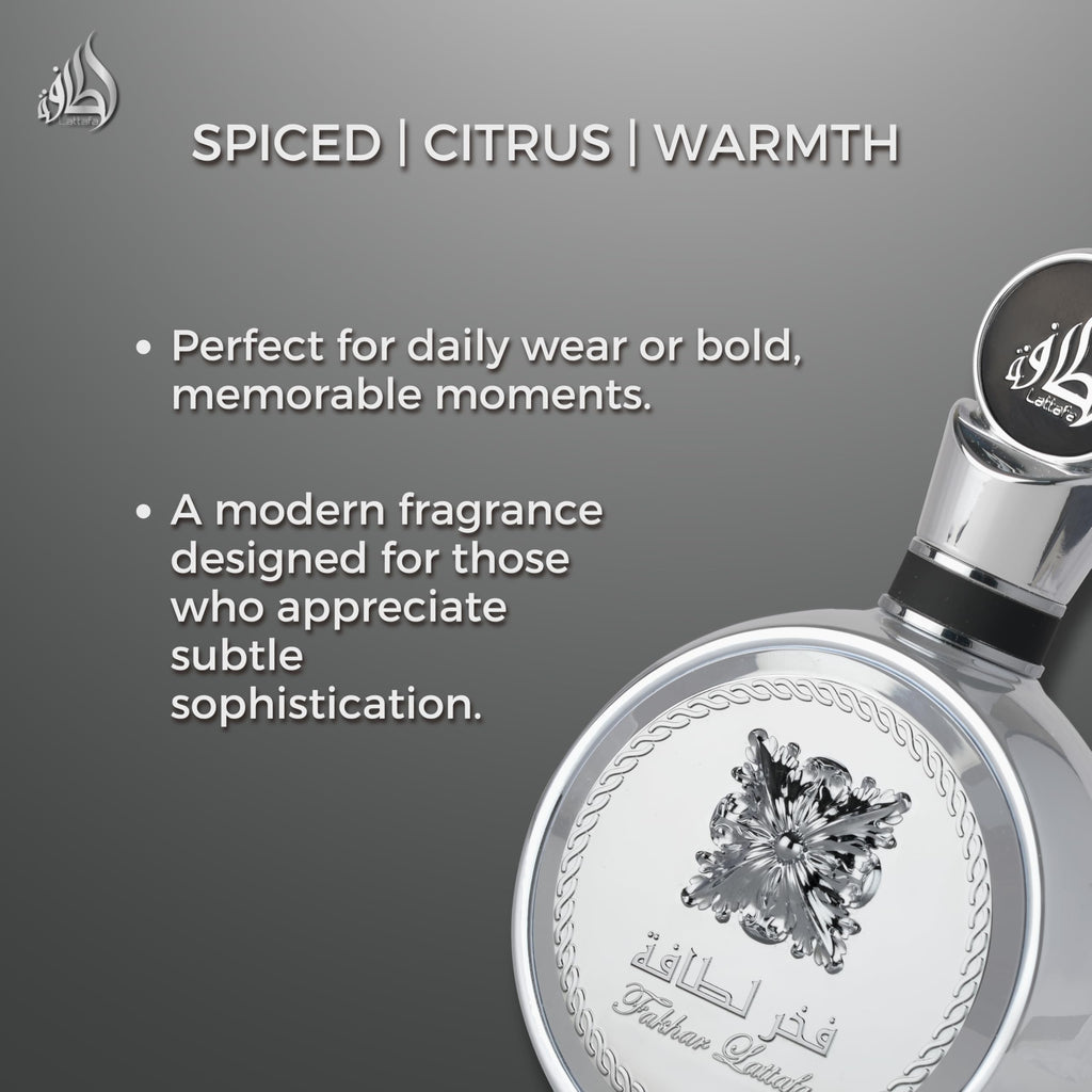 Lattafa Fakhar Platin – Citrus, Spicy, Aromatic, Woody – Eau de Parfum Spray Long-Lasting Fragrance for Unisex, 3.4 Ounce / 100 ml