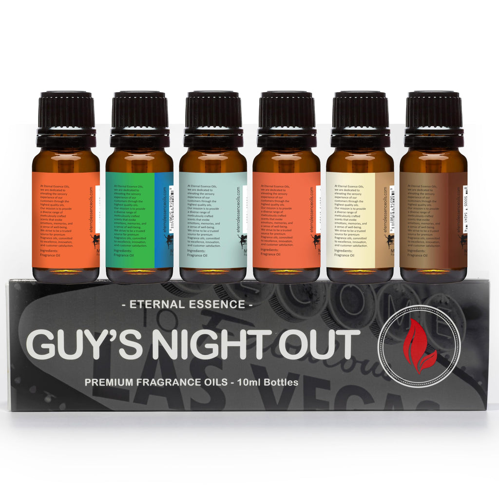 Eternal Essence Oils Guy's Night Out Set of 6 Premium Fragrance Oils - Includes Including Happy Men, Blue Sage, White Sand, Warm Rustic Woods, Musk, and White Musk Scented Oils - 10ML