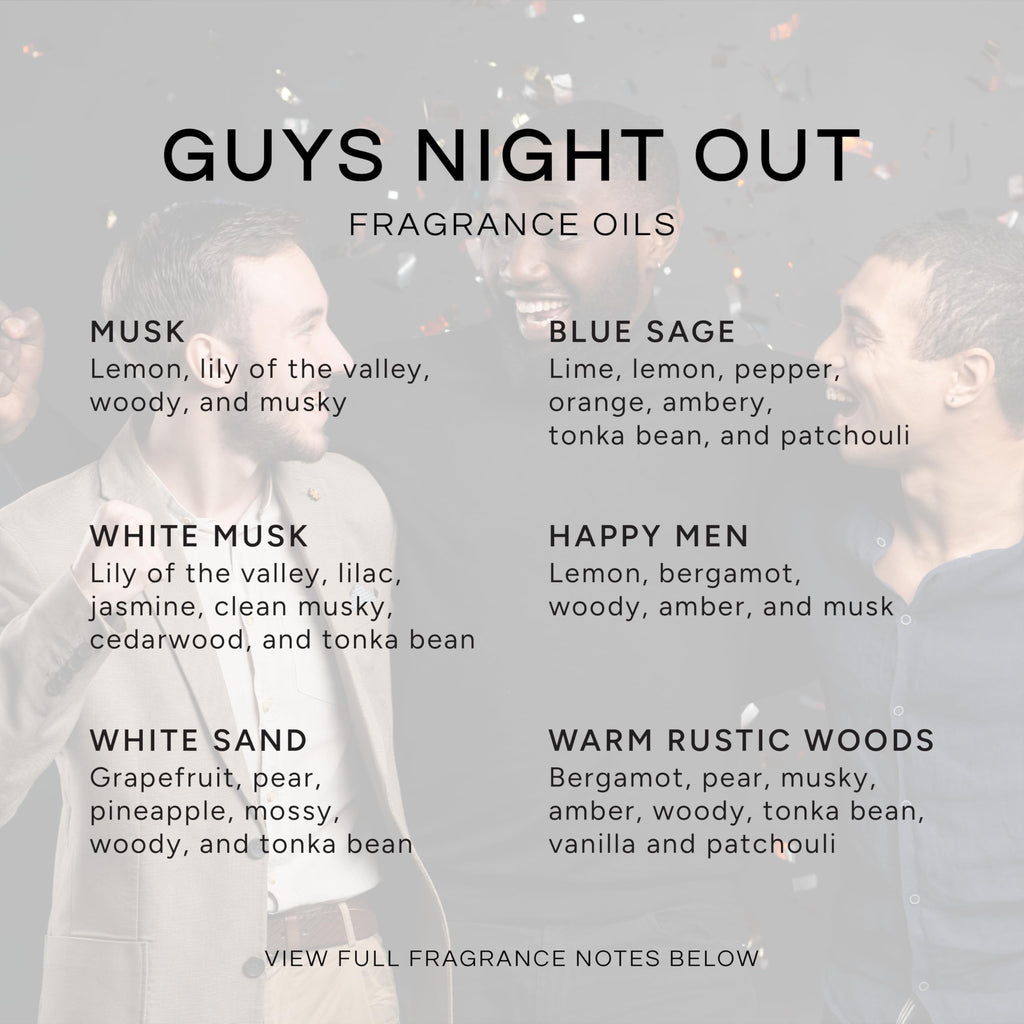Eternal Essence Oils Guy's Night Out Set of 6 Premium Fragrance Oils - Includes Including Happy Men, Blue Sage, White Sand, Warm Rustic Woods, Musk, and White Musk Scented Oils - 10ML
