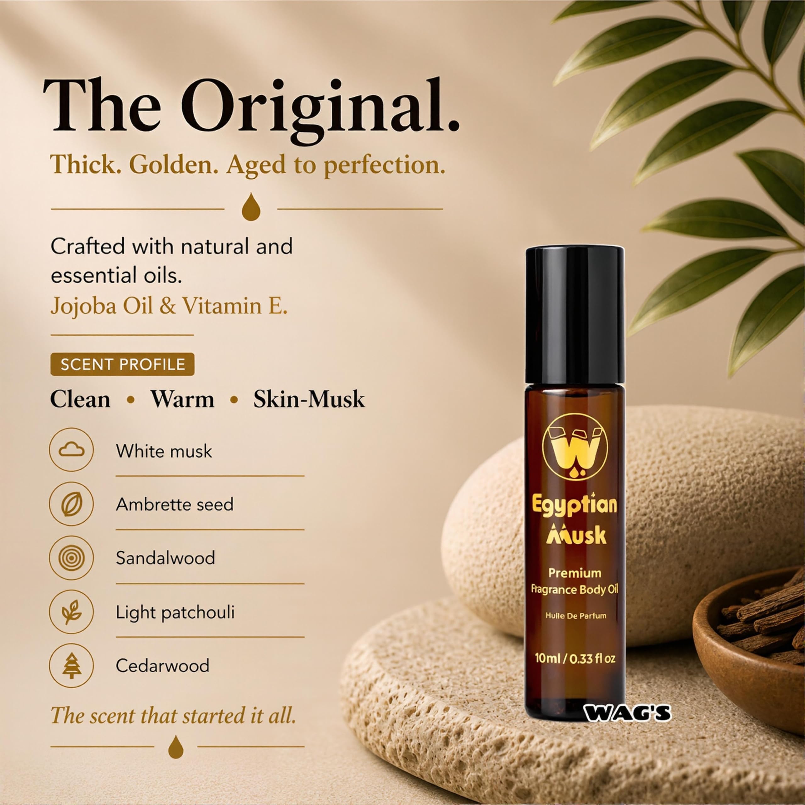 WagsMarket Egyptian Musk Oil, Choose from Roll On to 0.33oz - 4oz Glass Bottle, (0.33oz Roll On)