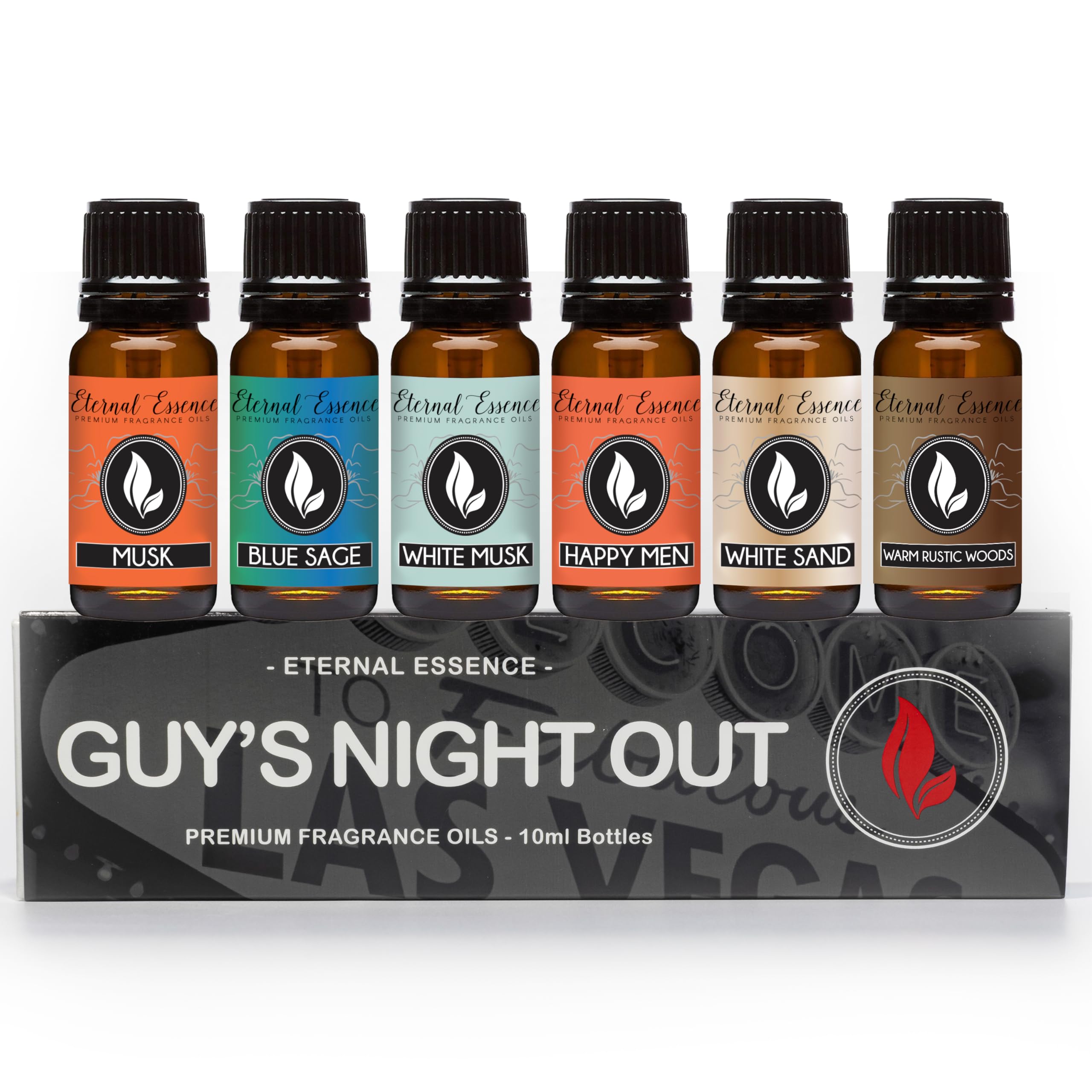 Eternal Essence Oils Guy's Night Out Set of 6 Premium Fragrance Oils - Includes Including Happy Men, Blue Sage, White Sand, Warm Rustic Woods, Musk, and White Musk Scented Oils - 10ML