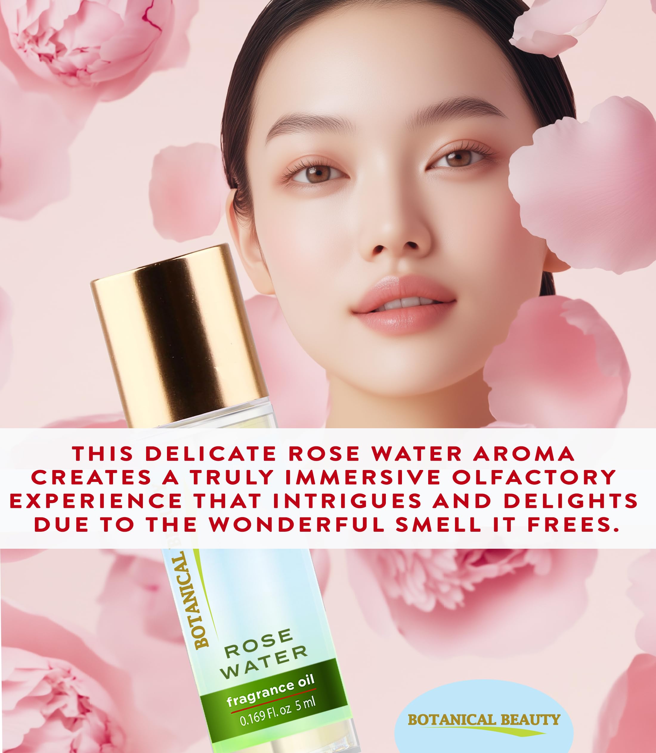Botanical Beauty ROSE WATER FRAGRANCE OIL ROLL-ON. Rollerball Perfume, Long Lasting an luxury scent of blend of Rose de Mai Absolute, Pink Peony, Pink Jasmine, Musk, Amber (0.169 Fl Oz 5 ml)