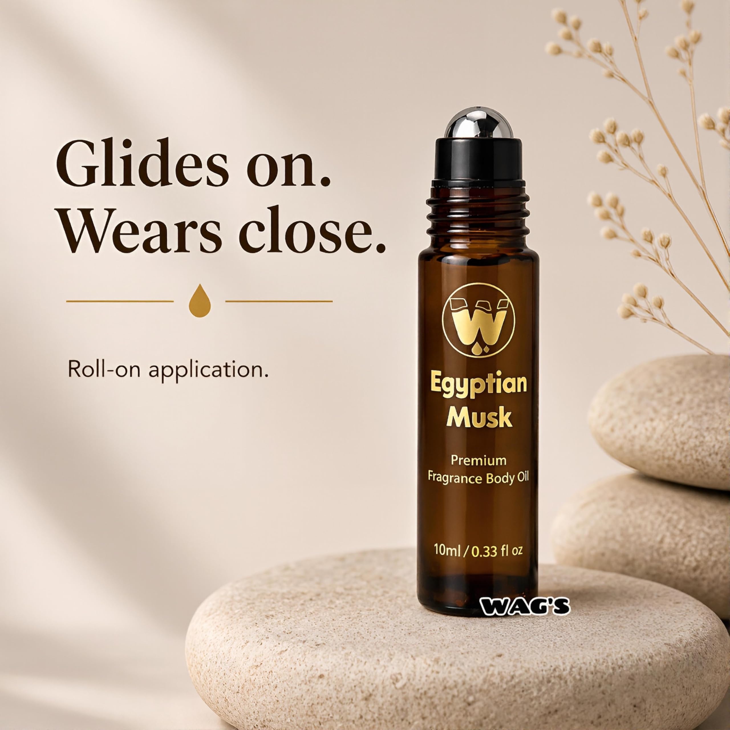 WagsMarket Egyptian Musk Oil, Choose from Roll On to 0.33oz - 4oz Glass Bottle, (0.33oz Roll On)