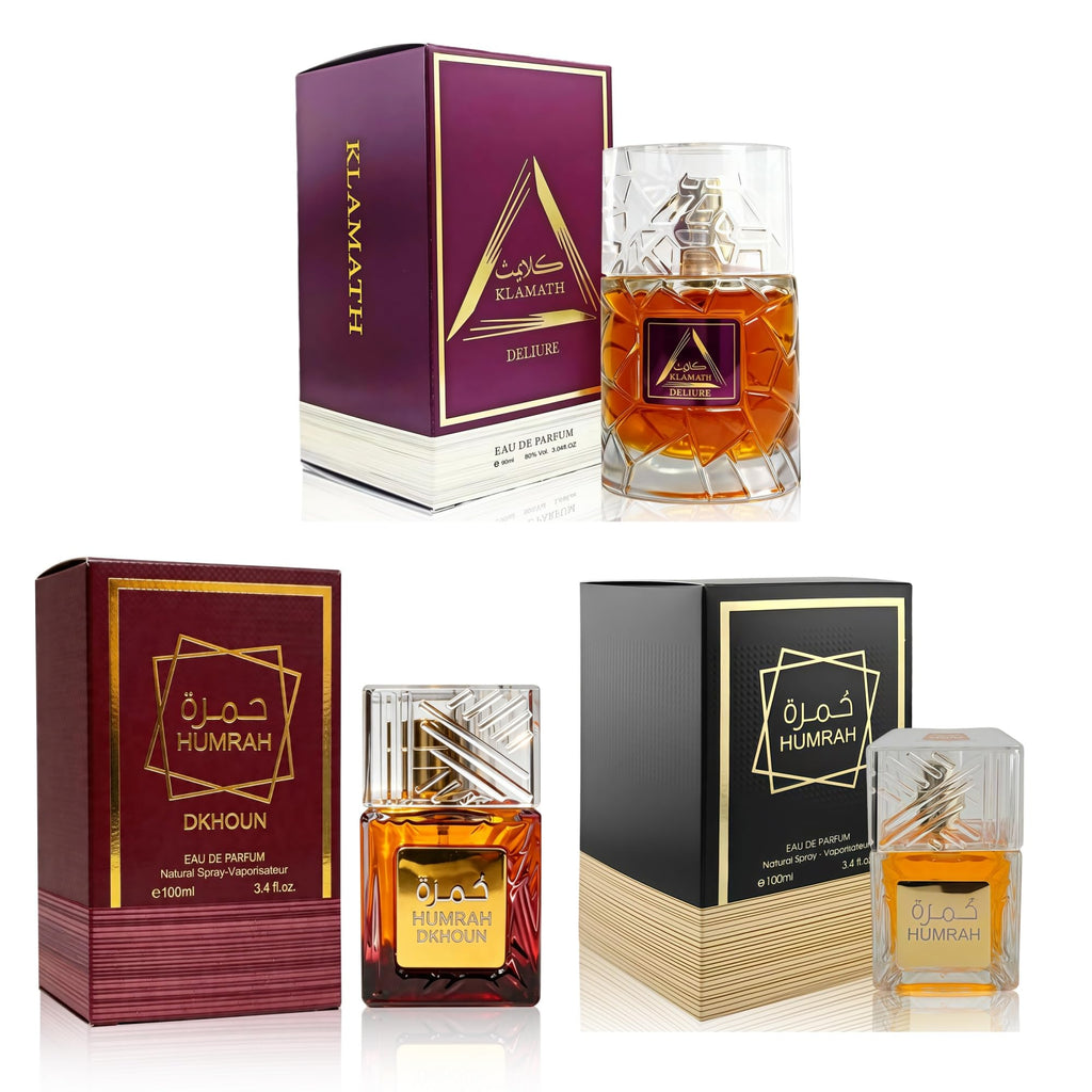 A CENTER Men's Fragrance Trio: Humrah, Dkhoun & Klamath Deliure | 3-Bottle Set 3.4 Fl Oz Each | Long Lasting Smoky Spice, Intense Wood & Warm Amber Cologne Collection | Perfume Gift Daily Use