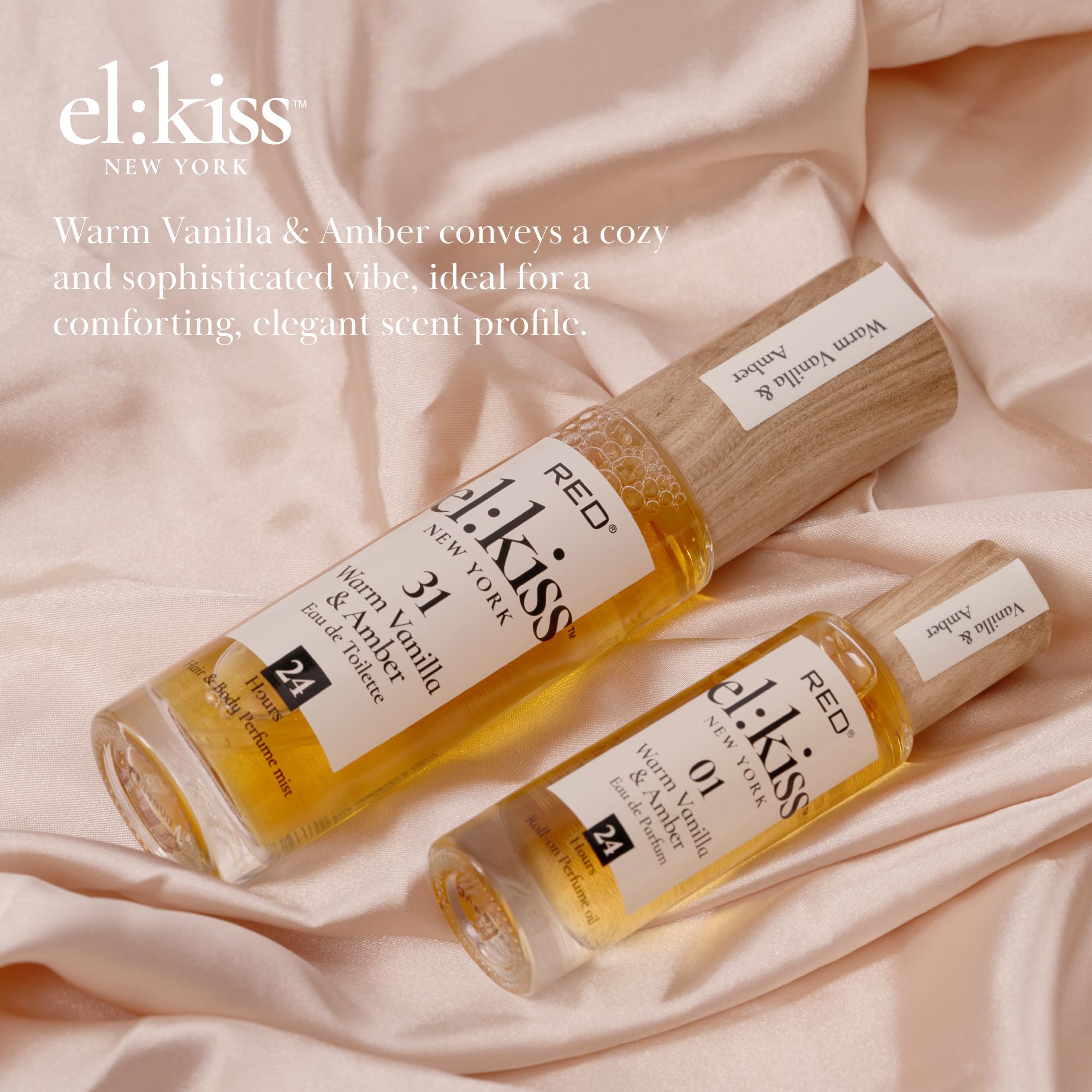 EL:KISS Roll On Perfume, Warm Vanilla & Amber Eau de Parfum 12mL (.40 Fl Oz), Hydrating & Long-Lasting, Alcohol-Free & Mineral Oil-Free, Infused with Jojoba, Argan & Coconut Oil