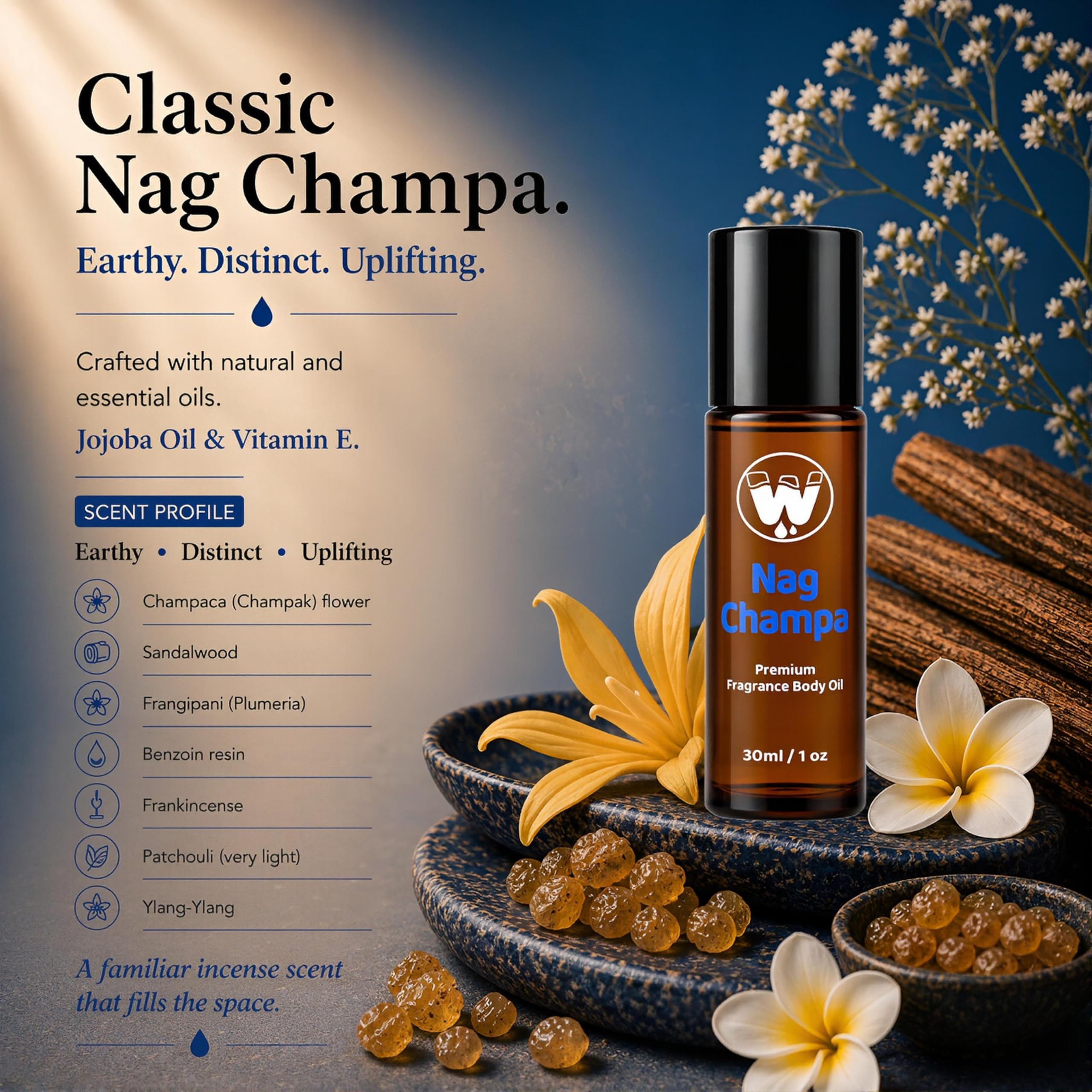 WagsMarket - Nag Champa Perfume Oil, from 0.33oz Roll On to 4oz Glass Bottle (1oz Roll-On)