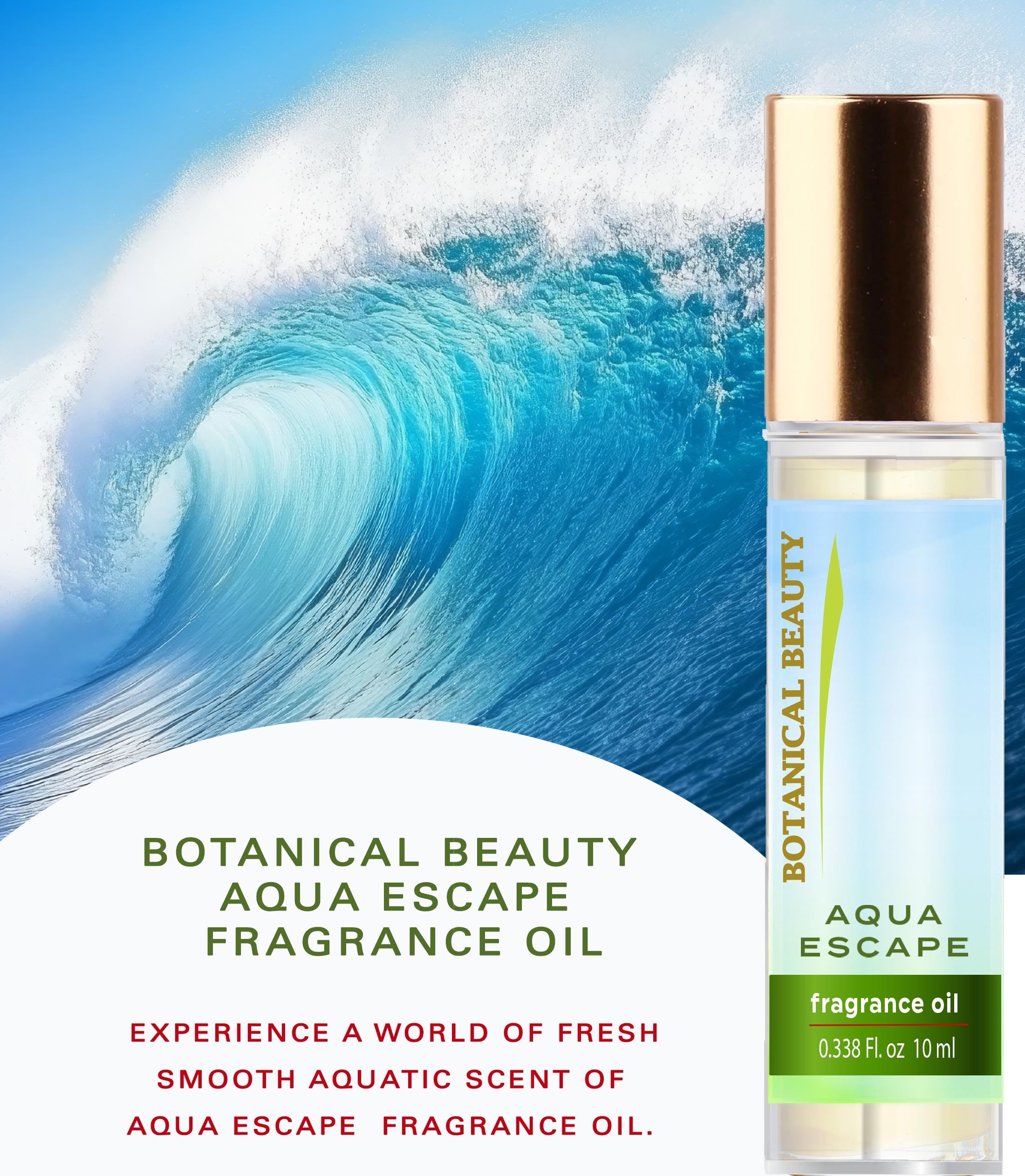Botanical Beauty AQUA ESCAPE FRAGRANCE OIL ROLL-ON 0.338 Fl Oz 10 ml Rollerball Perfume, Long Lasting an luxury scent, blends of Ocean, Clean Water, Sea Spray, Sunstone, Salty, Sea Salt, Marine Musk